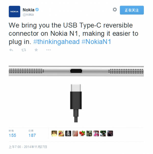诺基亚确认Nokia N1平板采用USB Type-C 接口