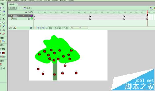 FLASH怎么制作一颗苹果树上的苹果从青到红的动画?