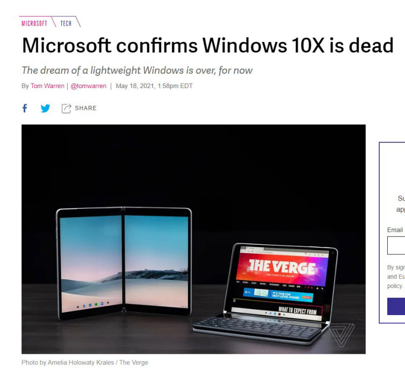 微软官宣:Win10X系统已死 将在他产品中整合Win10X的功能