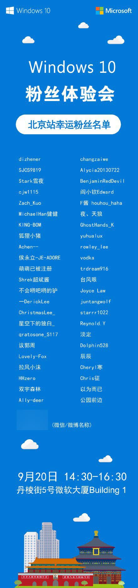 9月20日微软中国Win10粉丝体验会北京站粉丝名单揭晓