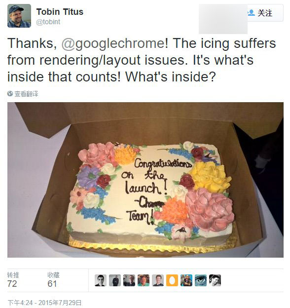 (图)谷歌Chrome浏览器向Win10 Edge浏览器送庆生蛋糕