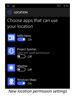 Windows 10 手机版性功能 统一管理应用获取地理位置的权限